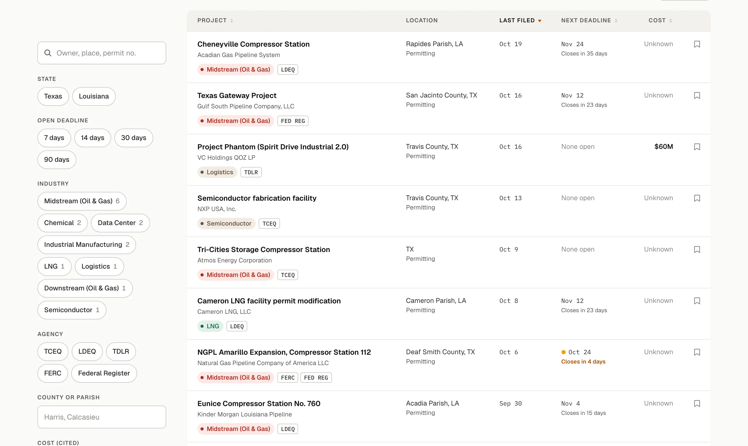 The database table: Texas and Louisiana projects with sector, agency, last filing, next deadline and cited cost columns, and filters for state, county, sector and agency.