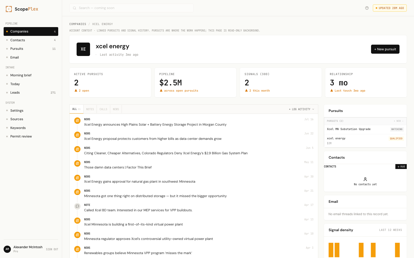 Company view: signal timeline, pursuits, contacts, and pipeline value for a tracked account