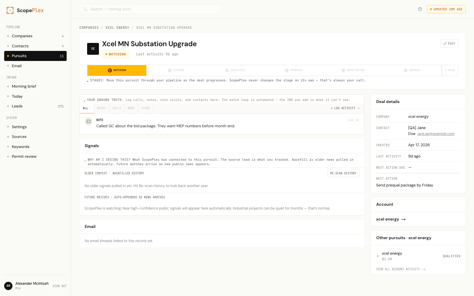 Pursuit view: deal stages, activity log, next actions, and auto-appended signals
